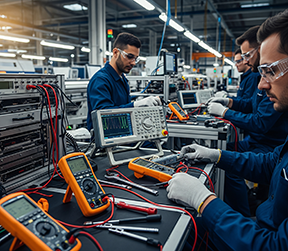 Production technicians using digital equipment.