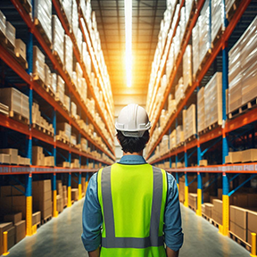 A stockroom worker looks at a warehouse organized with CMMS assistance.