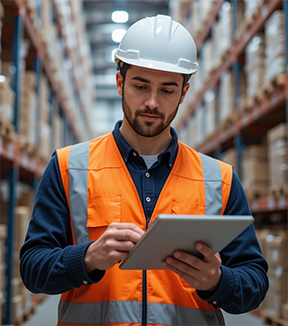 A warehouse worker uses a CMMS for effective inventory management.
