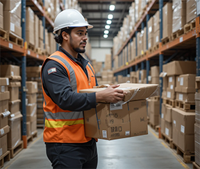 A warehouse worker check in stock using CMMS inventory management