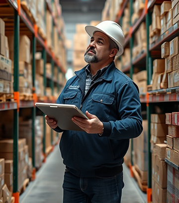 A maintenance worker checks available inventory as part of asset reliability control.