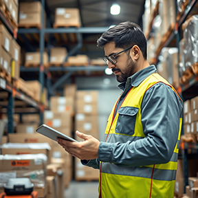A warehouse worker uses a CMMS to improve warehouse logistics.