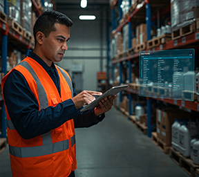 A stockroom worker assesses hazardous chemicals through a CMMS.