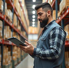 A stockroom workers uses mobile CMMS to check inventory availability