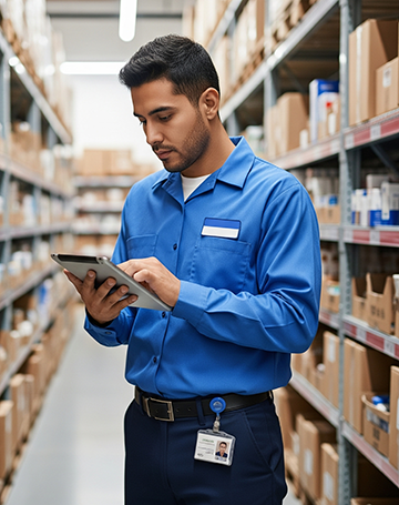 A stockroom worker uses CMMS mobile to conduct a physical count of inventory.