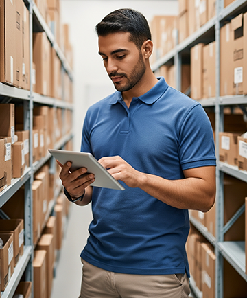 A stockroom worker uses a CMMS to organize inventory.