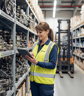A stockroom worker uses a CMMS for efficient inventory management.