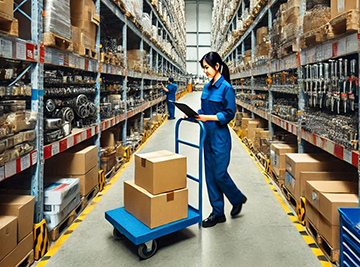 A representation of a warehouse working checking inventory.