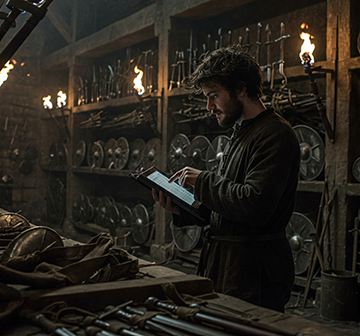 A GoT-type character conducting inventory management in the armory.