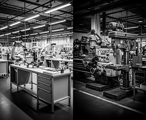 Split image of a poorly run manufacturing facility and a lean manufacturing plant.