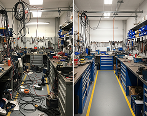 A plit image of a cluttered workroom and a lean manufacturing workroom.