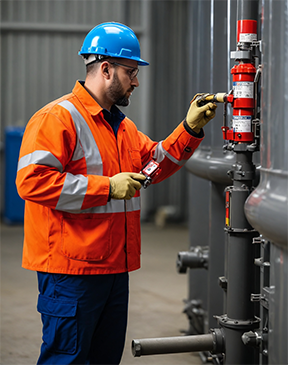 A maintenance technician checks the lockout/tagout on a pipe.