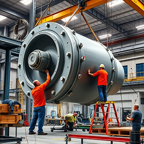 Maintenance workers install a replacement piece of equipment. 
