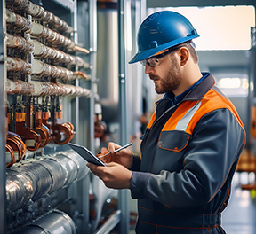A maintenance technician analyzing mean time between failures on his CMMS.