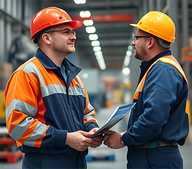 Maintenance technicians collaborating on work assignment to improve efficiency