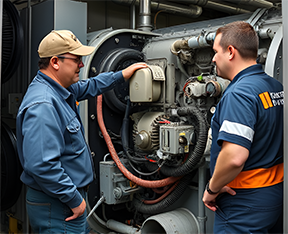 Two maintenance workers discuss TEEP to manage assets.