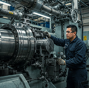 A technician performs maintenance on a factory machine