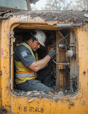 Maintenance worker repairing a piece of machinery based on its RIME score.