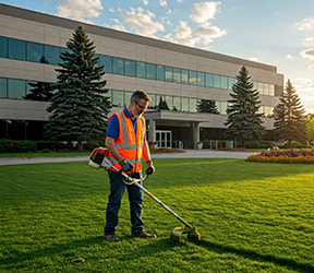 A facility maintenance worker conducting lawn care.