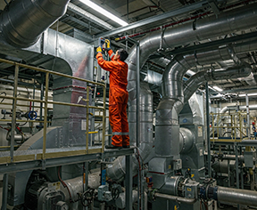 Based on the facility condition index, a technician works on an HVAC system.