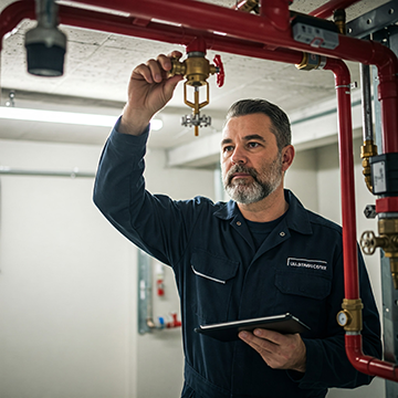 A maintenance worker services a facility's sprinkler system via a CMMS work order