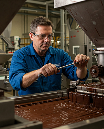 A maintenance technician conducts repairs on a chocolate producing machine.