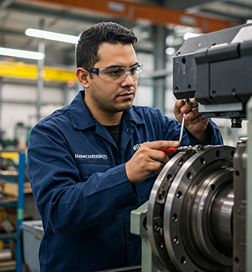 A maintenance technician fulfills a CMMS work order on a factory machine
