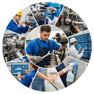 Maintenance professionals using tools and systems labeled with common maintenance abbreviations like PM, CM, and TPM.