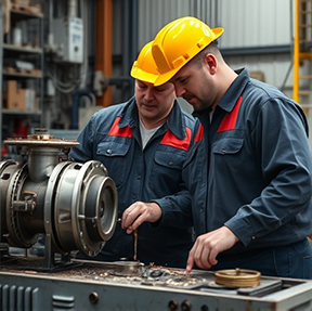 A maintenance manager and a technician study a broken machine.