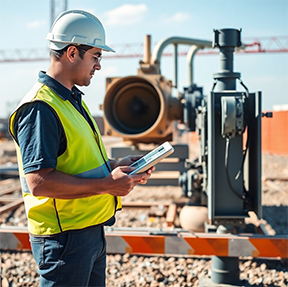 A maintenance worker uses a CMMS to monitor asset efficiency