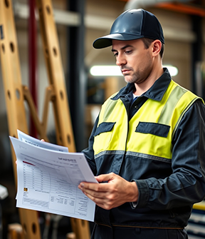 Image: A maintenance technician studies expense reports.
