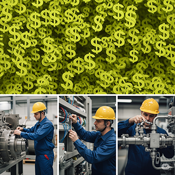 Technicians conducting maintenance topped by dollar bills indicating maintenance is an expense.