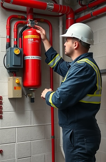 A maintenance technician inspects fire safety systems as part of his PM program.