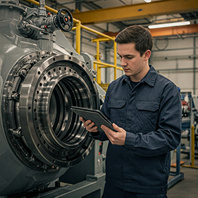 A maintenance worker uses a CMMS for preventive maintenance inspections.