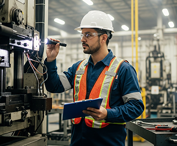 A maintenance technician conducts an inspection for building audits.