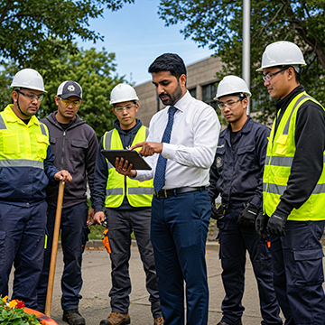 A city manager discusses CMMS work orders with a maintenance crew.