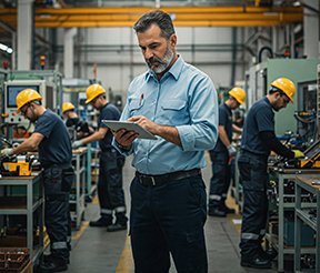 A maintenance manager assigns work orders through a CMMS mobile device.