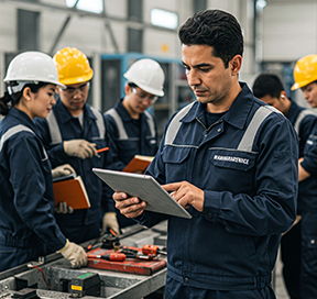 A maintenance manager oversees CMMS work in a factory.