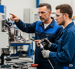 A maintenance supervisor assists a technician in solving a repair issue.
