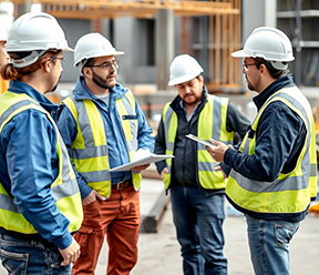 A maintenance manager uses communications skills to discuss a project with his construction team.