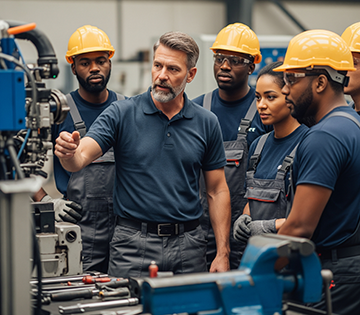 A maintenance manager leads a team of technicians through CMMS work orders.