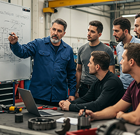 A maintenance manager exhibits leadership in weekly team meetings.