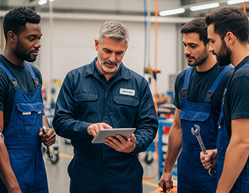 A maintenance manager discusses CMMS work orders with his crew.