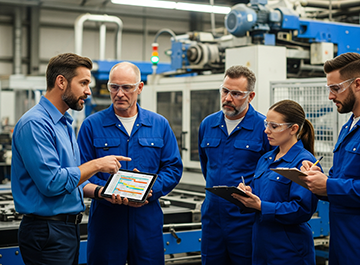 A maintenance supervisor explains to his crew about preventive maintenance challenges with CMMS solutions.