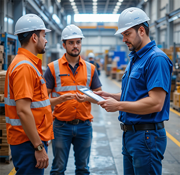 A maintenance crew discuss business practices with their CMMS