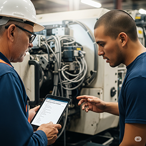 A supervisor and a maintenance tech discuss a recent CMMS work order.