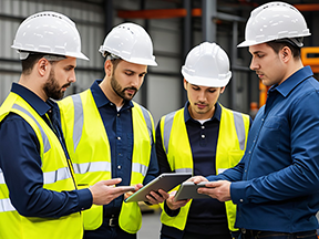 A maintenance crew discusses work orders from the CMMS