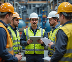 A supervisor discusses work orders with the maintenance crew.
