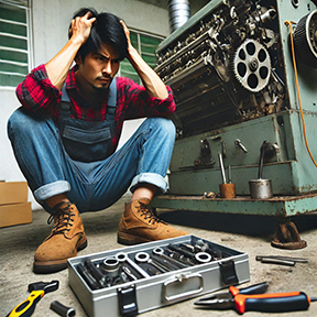 A frustrated maintenance technician reviewing tasks after making common maintenance mistakes.