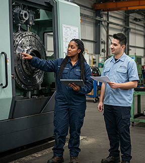 A maintenance supervisor discusses a job with a technician using stats from a CMMS.
